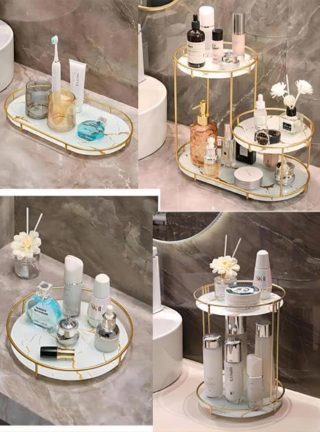 Gold Bathroom Storage Rack with Marble Glass Tray - Model QS-21