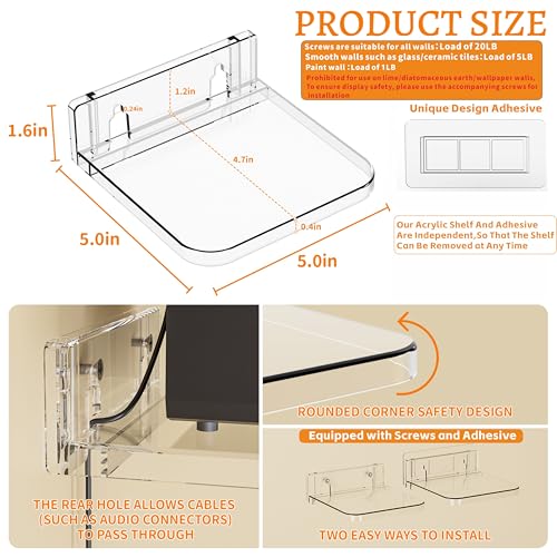 Yieach 5 Inch Clear Mini Adhesive Floating Shelves - 4 Pack