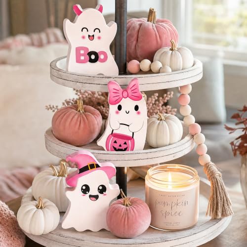 Cute Pink Wooden Ghost Halloween Table Decor - 3 PCs Set
