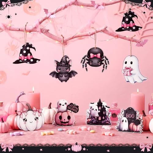 8 Pcs Pink Halloween Wooden Ornaments - Spooky Cute Decor