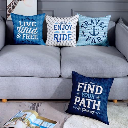 Cosovia 18x18 Inch Blue Nautical Quote Throw Pillow Covers, Set of 4