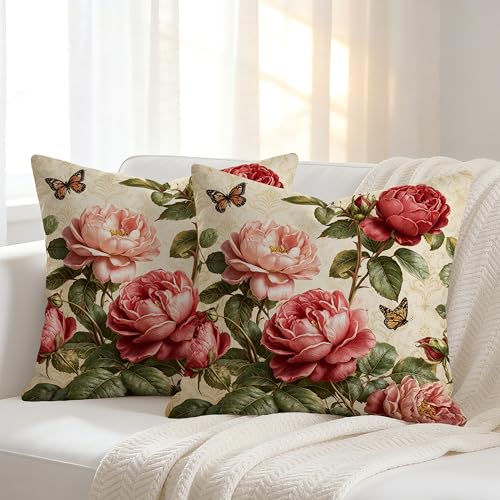 Romantic Rose & Butterfly Velvet Pillow Covers - 18x18 Inch