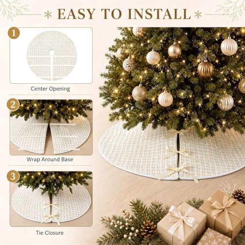 48 Inch White Tweed Christmas Tree Skirt - Farmhouse Holiday Decor