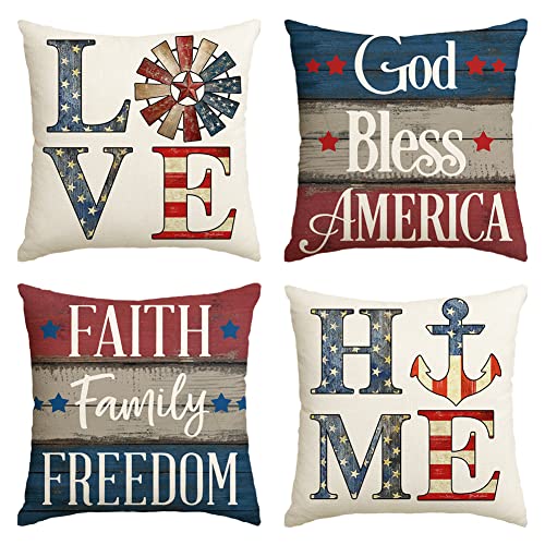 Patriotic Throw Pillow Covers 18x18 Set of 4, God Bless America Sofa Decor