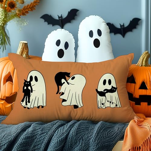Halloween Pillow Cover 12x20 - Cute Ghosts & Black Cat, Orange