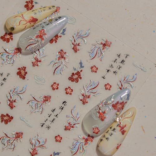 5D Embossed Golden Koi Fish Nail Art Stickers Spring Flowers Decals