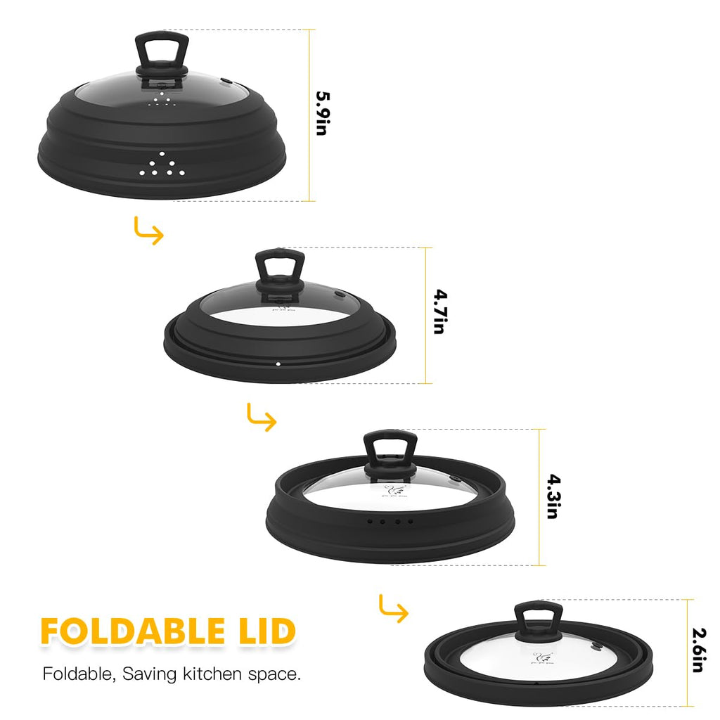 Microwave Splatter Cover Vented Glass Splatter Guard Lid with Collapsible Silicone for Food as Pot Covers 11.8 inch Large 2 Pack