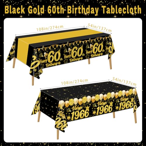 60th Birthday Tablecloth 2-Pack, Black and Gold Disposable Party Table Cover
