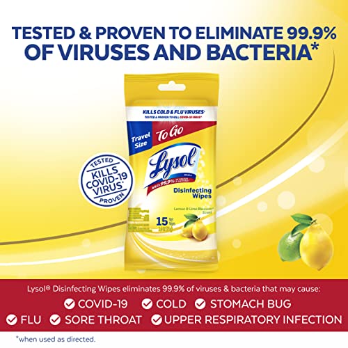 Lysol Disinfecting Wipes To-Go Pack Lemon Scent 15 Count (Pack of 2) - Kill 99.9% of Viruses & Bacteria