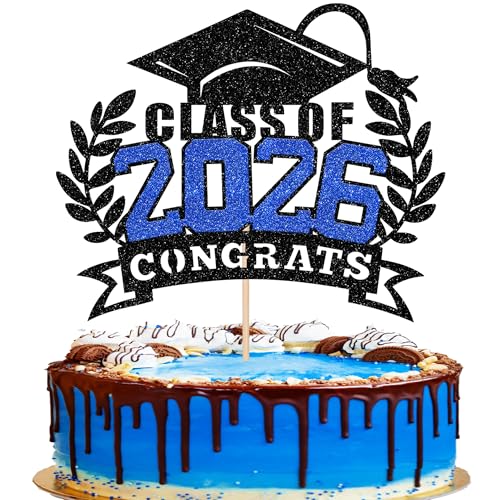 Class of 2026 Graduation Cake Topper - Congrats Grad Glitter Party Decoration