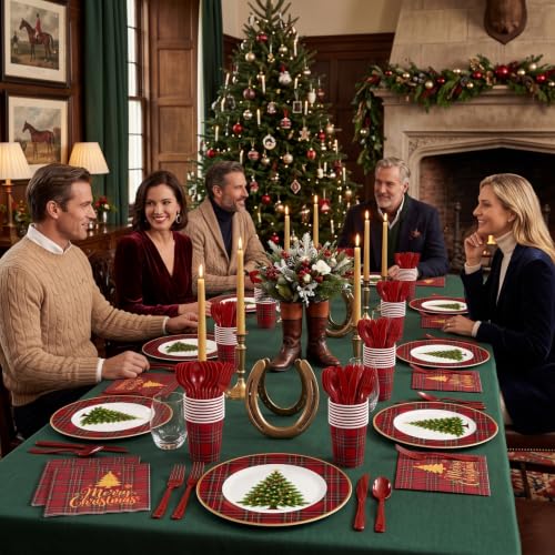 Christmas Party Supplies Set 168 Pcs Red Plaid Dinnerware for 24 Guests - Festive Holiday Tableware