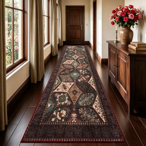 Vintage Kitchen Runner 2.7x8 ft Distressed Patchwork Rug Brown Burgundy Variation