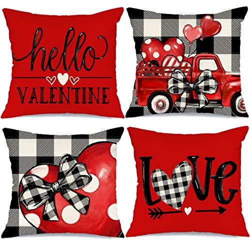 Set of 4 Buffalo Plaid Valentine Pillow Covers 18x18