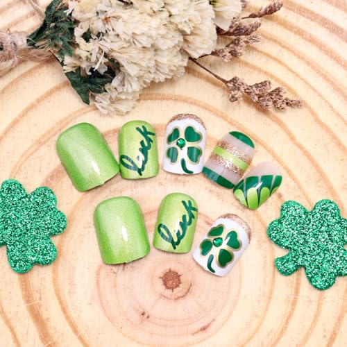 St. Patrick's Day Short Square Press On Nails with Rhinestones & Shamrocks
