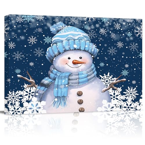 Navy Blue Snowman Wall Art Canvas Framed Winter Christmas Decor 20x24 inches - Variation of Christmassho4053