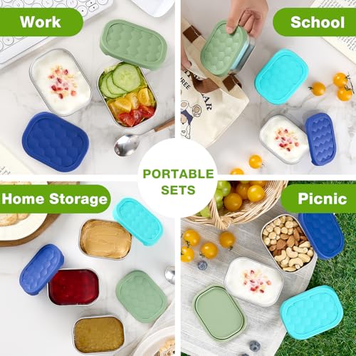 Gencywe Blue 3 Pack Stainless Steel Snack Containers for Kids - Leak Proof & Reusable, 8oz Toddler Lunch Boxes with Silicone Lids