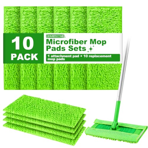 Green Microfiber Mop Pads for Swiffer Sweeper - 1 Base & 10 Reusable Refills