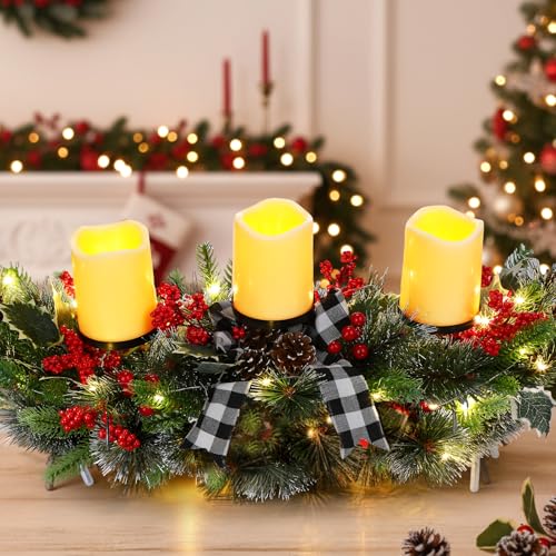 Christmas LED Candle Centerpiece with Pine Cones & Bows - Black & White Variation
