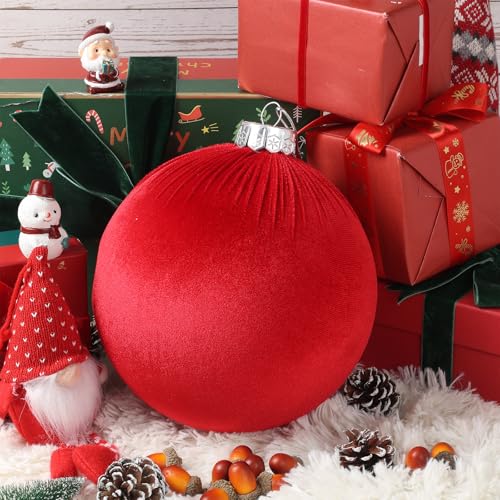 Red Jumbo Christmas Velvet Balls - 8 Inch Large Holiday Tree Ornaments (Set of 4)