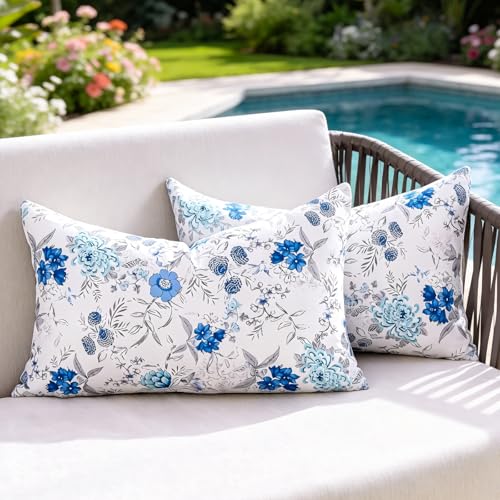 Outdoor Waterproof Lumbar Pillow Covers 12x20 Set of 2 Blue Floral Cushion Shams