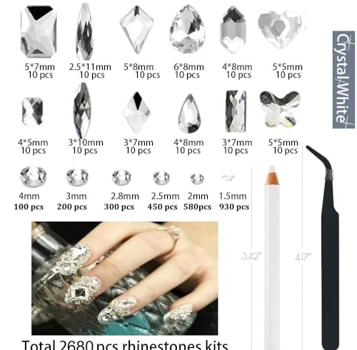 ALOCIAM 2680Pcs White Nail Rhinestones and Crystals for 3D Nail Art