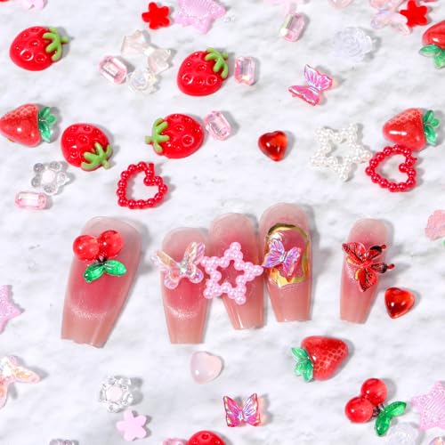 Vin Beauty 100pcs 3D Mixed Resin Nail Charms Strawberry Flower Bow