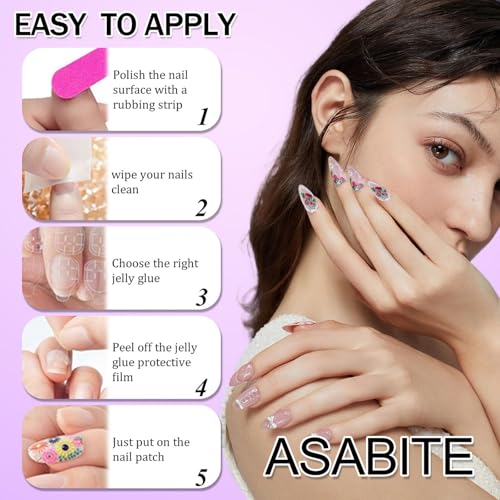 ASABITE Easter Press on Nails Short Almond Bunny Flower False Nails Kit