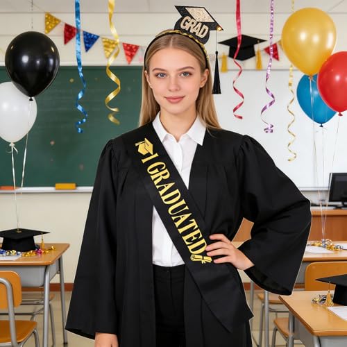 Graduation Cap Headband and Sash Set Black Gold Glitter Party Accessory