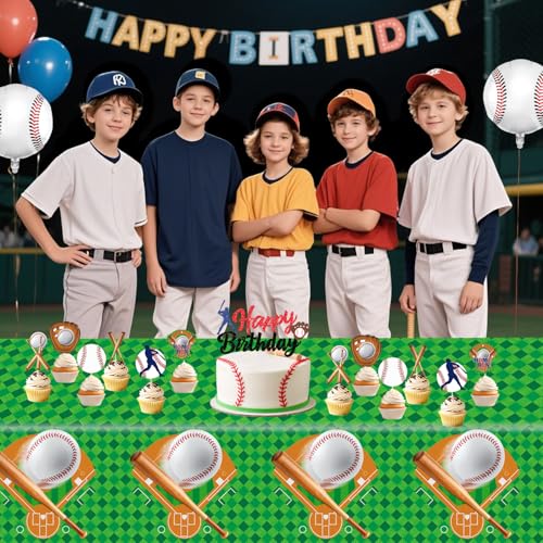 Baseball Party Tablecloths - 3-Pack Disposable Plastic Covers 54 x 108 Inch