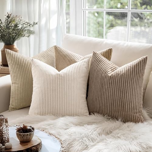 MIULEE 18x18 Cream White Corduroy Throw Pillow Covers - Set of 2