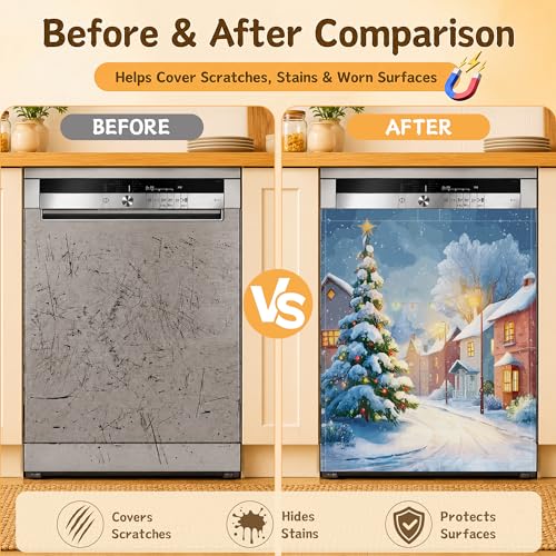 Winter Snow Christmas Tree Dishwasher Magnet Cover 23x26 Inch - Kitchen Decor, Appliance Scratch Cover, Easy Reusable Install