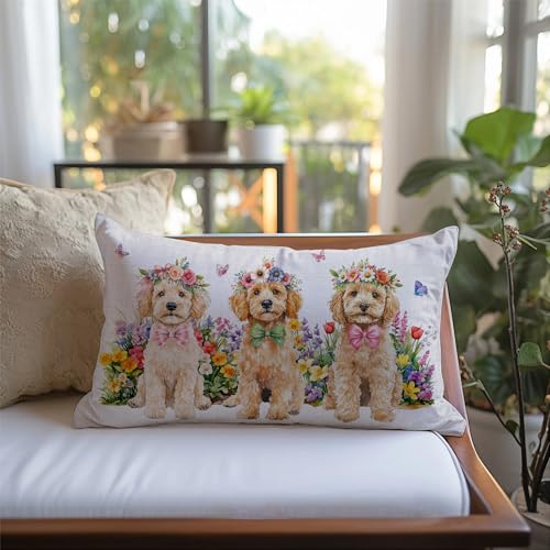 Golden Dog Decorative Pillow Cover 12x20 Inch with Floral Design