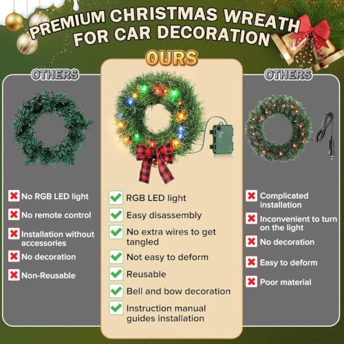 2-Piece RGB LED Car Wreaths for Truck Decorations - Festive Holiday Vehicle Decor