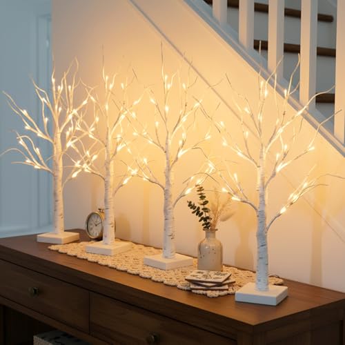 2FT Birch Tree Christmas Decor with LED Lights - Battery Powered Fairy Light Spirit Tree - 4 Pack