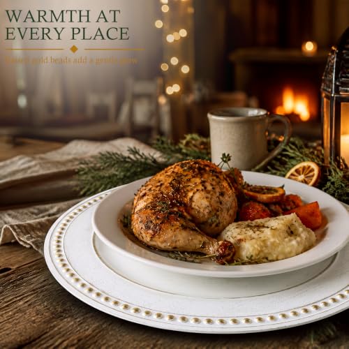 Farmhouse White Christmas Charger Plates Set of 6 - 13 Inch Beaded Plastic Dinnerware