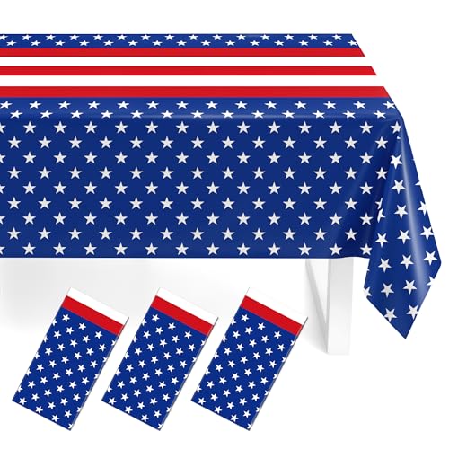 Childom Patriotic Tablecloths - 3 Pack American Flag Plastic Covers 54x108"