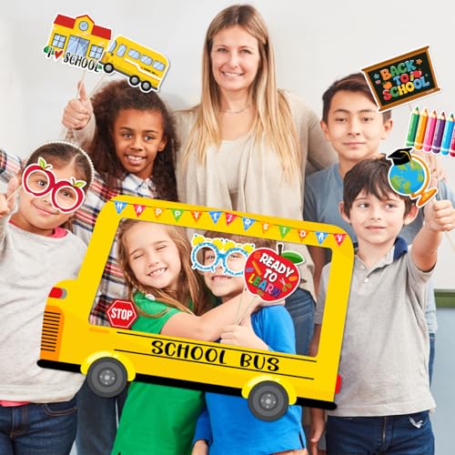 23-Piece Back to School Photo Booth Props Set with School Bus Frame