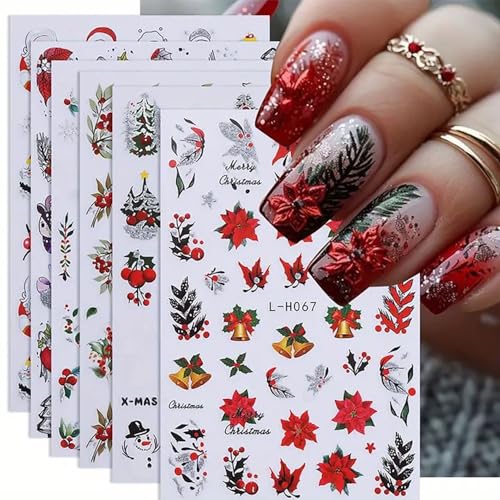 Christmas Nail Art Stickers 6 Sheets 3D Self-Adhesive Holiday Decals