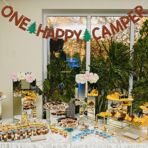 One Happy Camper Banner - Brown Glitter Forest Adventure Party Decoration