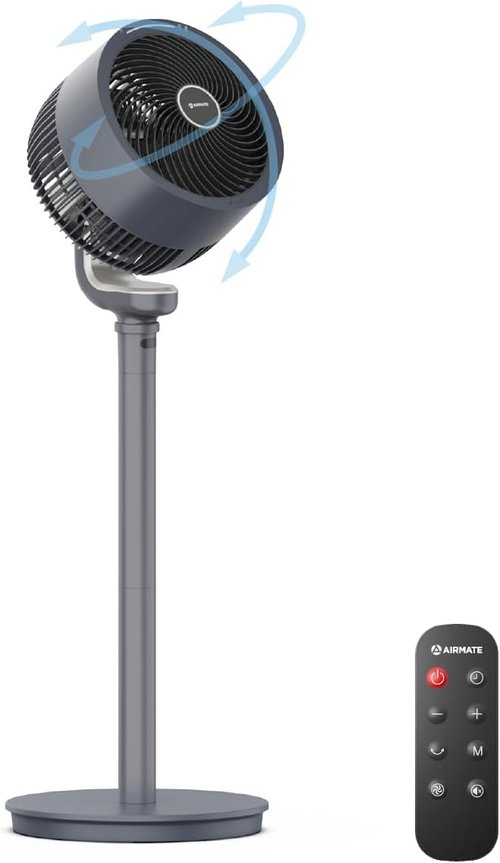 AIRMATE 16-Speed Pedestal Fan - Quiet 27dB Oscillating with Remote Control | Adjustable Height, Grey