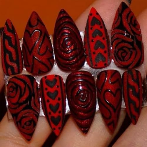 Valentine Press On Nails Medium Almond Fake Nails with Heart Designs
