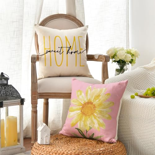AVOIN Home Sweet Home Floral Throw Pillow Covers, Pink & White, 18x18, Set of 4