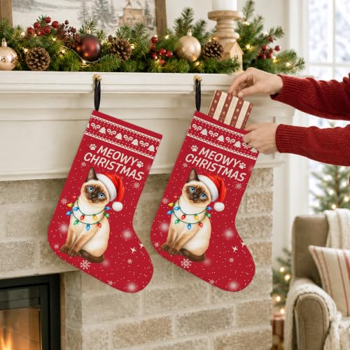 Siamese Cat Christmas Stocking - Red Holiday Decor for Cat Lovers