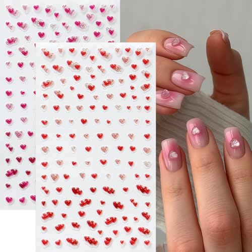 5D Embossed Heart Nail Stickers 4 Sheets Glitter Valentines Nail Art Decals