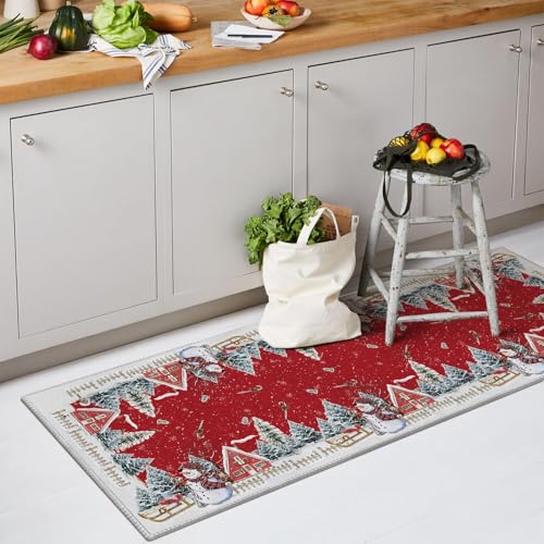 Red Snowman House Pine Tree Christmas Area Rug 2x6 ft - Non-Slip Washable Home Decor