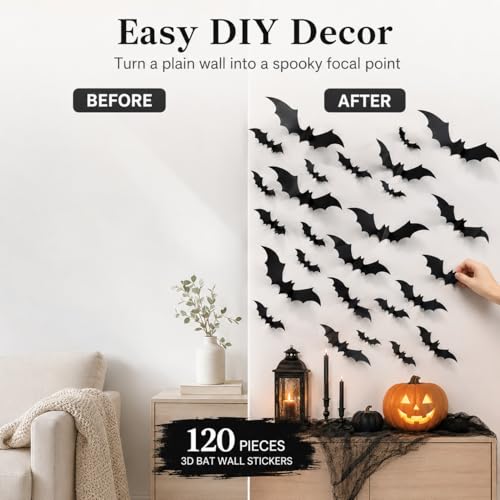 120 Pcs 3D Black Bat Wall Decals for Halloween Decor