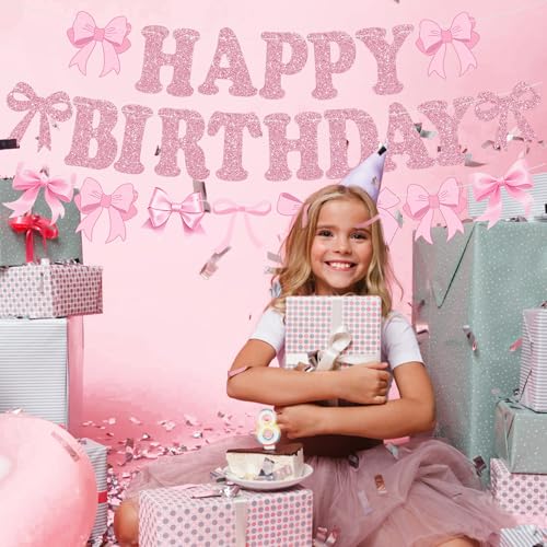 Pink Glitter Bow Happy Birthday Banner - Pre-Strung Party Decor