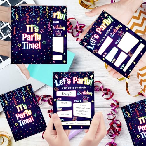 Neon Birthday Invitations with Envelopes - 20 Pack for Kids Parties