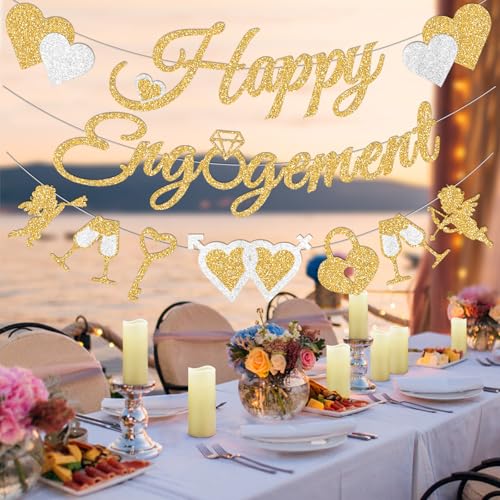 Gold Glitter Happy Engagement Banner with Heart Garland
