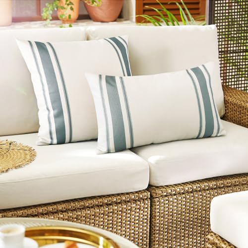 Grey Outdoor Waterproof Pillow Covers 12x20 Inches - Pack of 2 Linen Cushion Cases for Patio Garden & Indoor Decor
